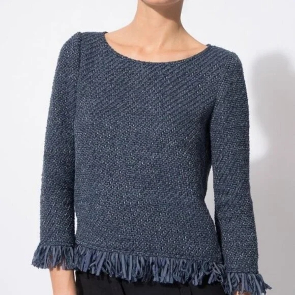 Maje Latino Fringed Pullover Sweater in Blue with Silver Flecks Size 1